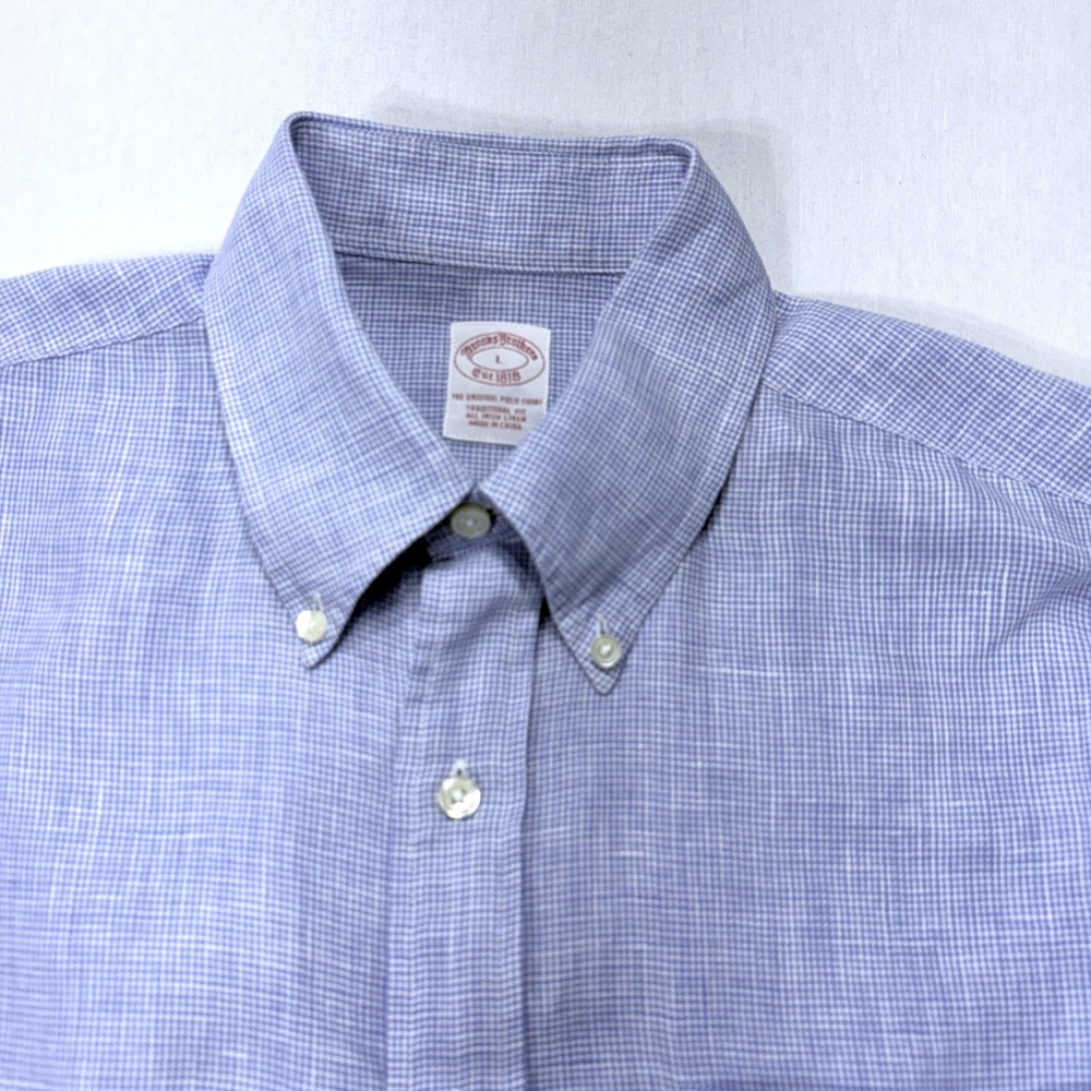 Brooks Brothers Irish Linen Shirt Large Blue White Houndstooth Traditional Fit